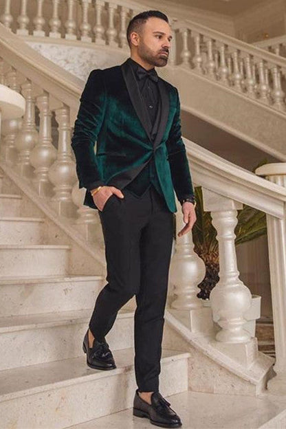 Dark Green Velvet 3 Pieces Shawl Lapel Wedding Groom Suits