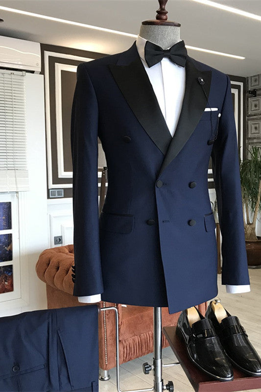 Dark Navy Peaked Lapel Double Breasted Slim Fit Men Suits