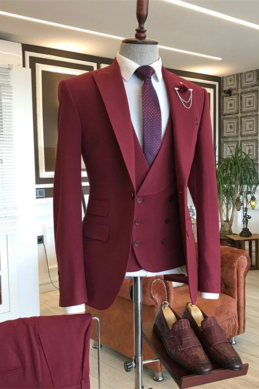 Dark Red Three Pieces Peaked Lapel Men Suits