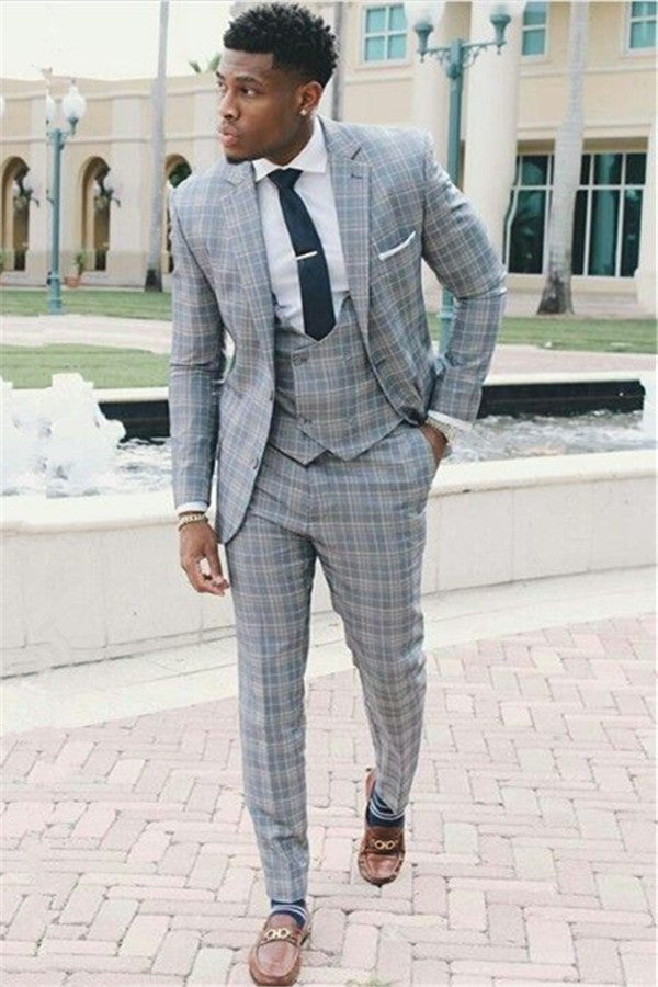 Designer Plaid Men's Suits Three-Piece Notch Lapel Fit Suit for Prom