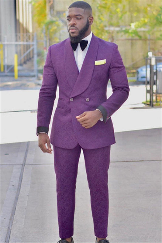 Purple Slim Fit Tuxedos Jacquard Prom Outfits Suits