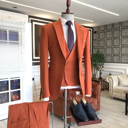 Designer Slim Fit Bespoke Peaked Lapel Men Orange Suits