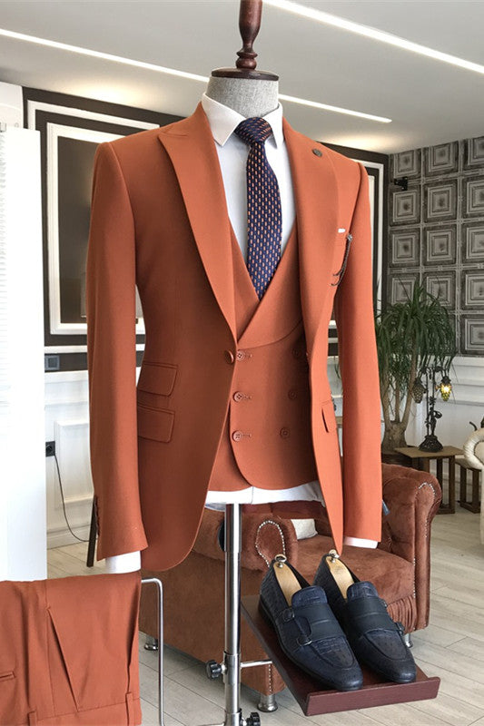 Designer Slim Fit Bespoke Peaked Lapel Men Orange Suits