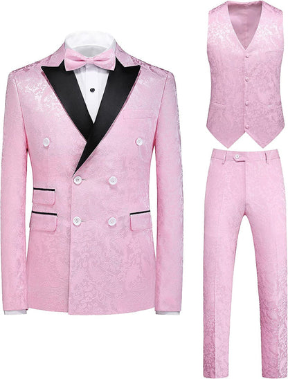 Double Breasted Pink Jacquard Three Pieces Wedding Suits Peaked Lapel