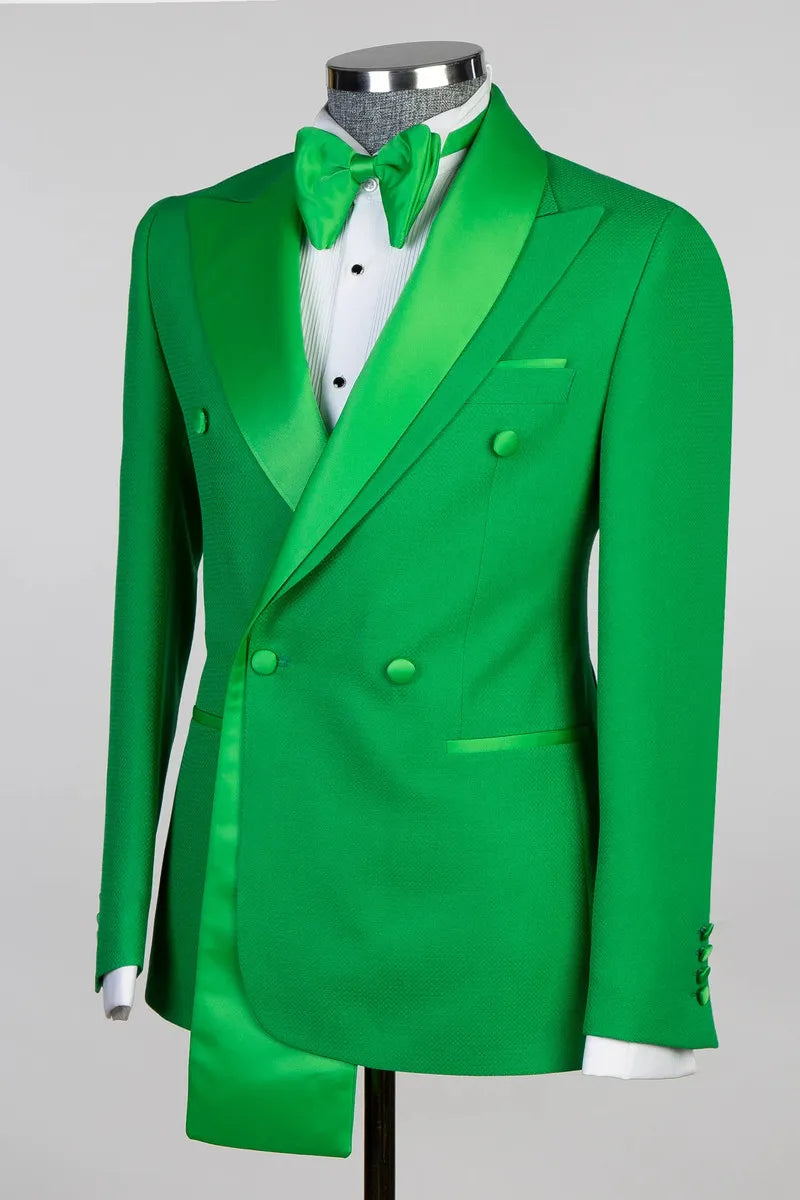 Green Peaked Lapel Double Breasted 2-pieces Suits with Long Hem