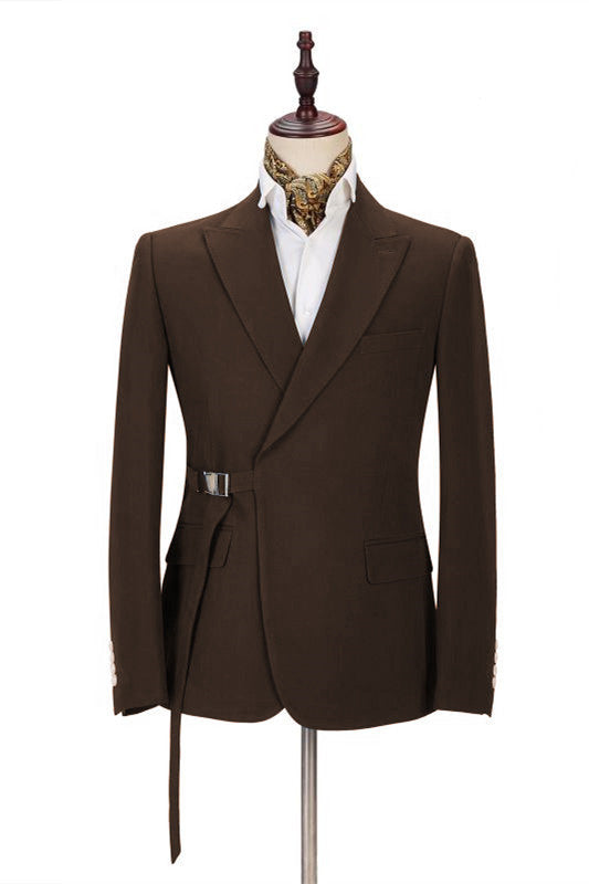 Elegant Dark Brown Peaked Lapel Buckle Button Best Fitted Men's Suits