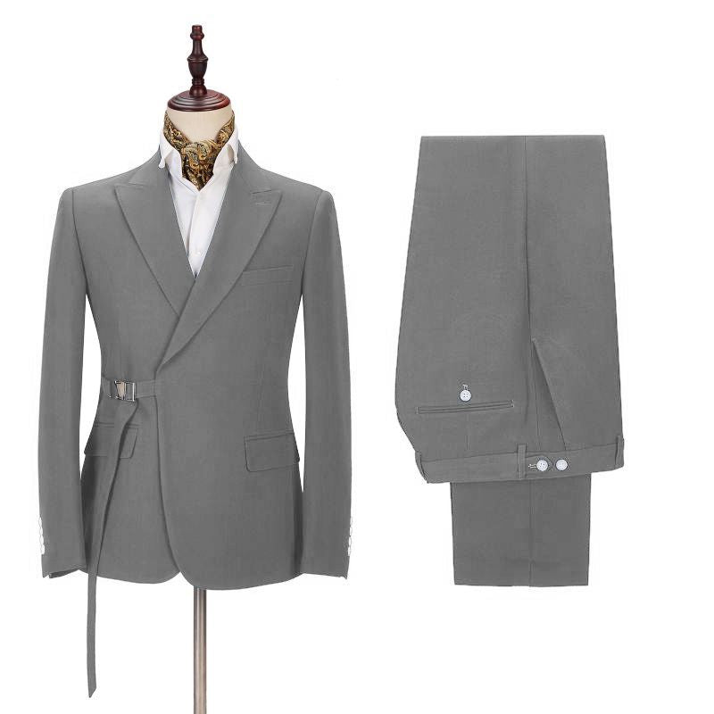 Elegant Gray Men Suit Buckle Button Peaked Lapel Suit