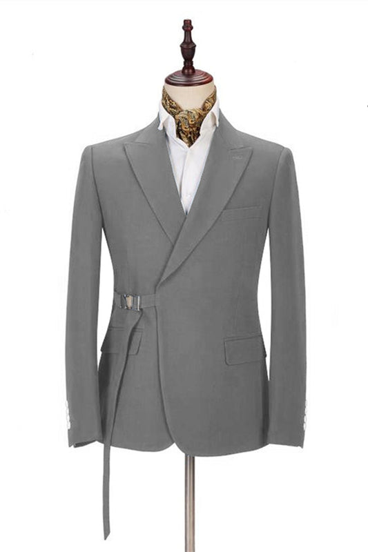 Elegant Gray Men Suit Buckle Button Peaked Lapel Suit