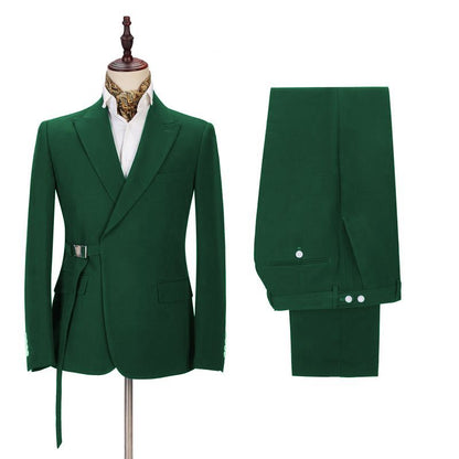 Elegant Green Buckle Button Peaked Lapel Fashion Prom Suits