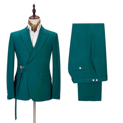 Elegant Green Peaked Lapel Buckle Button Prom Outsfits Men Suits