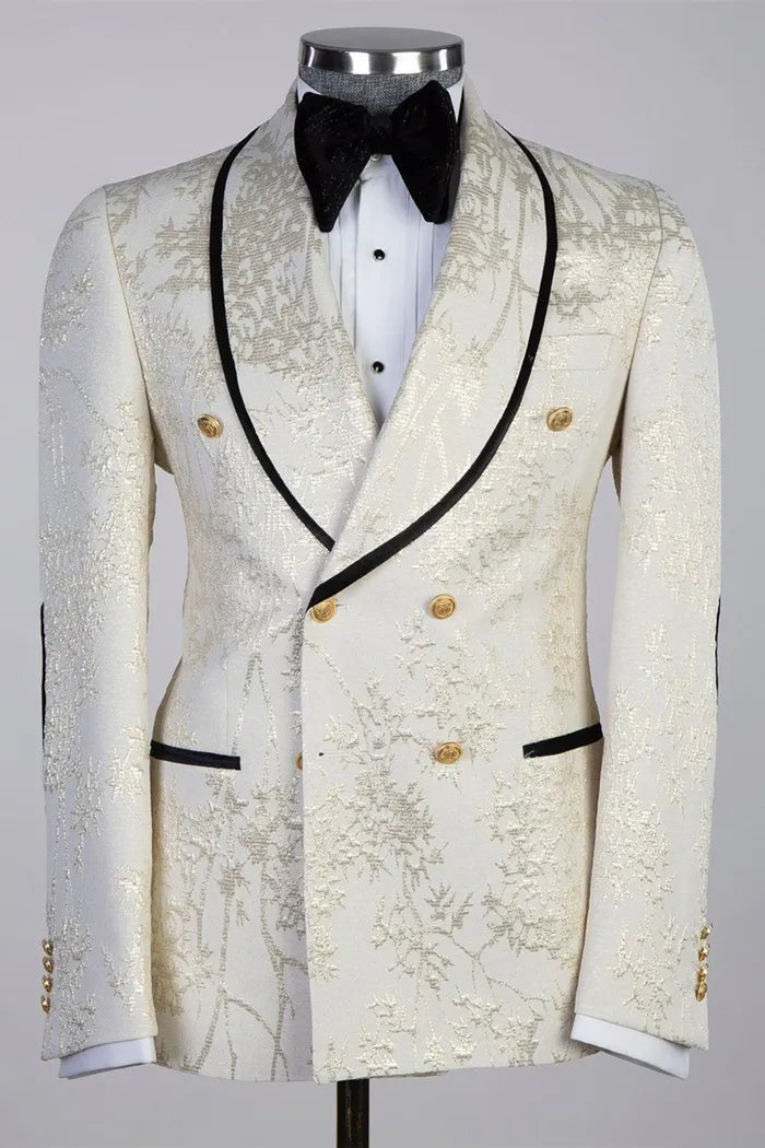 Glamorous White Shawl Lapel 2-piece Jacquard Blazer Suit