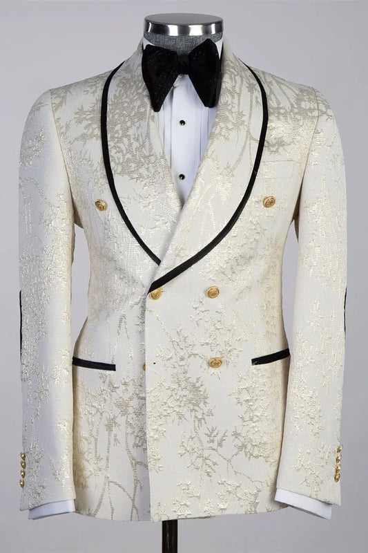 Glamorous White Shawl Lapel 2-piece Jacquard Blazer Suit