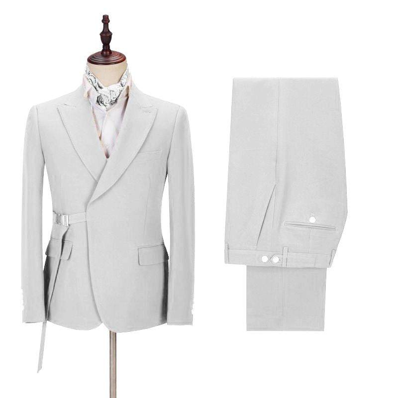 Fashion Peaked Lapel Grey White Men Suits with Adjustable Buckle