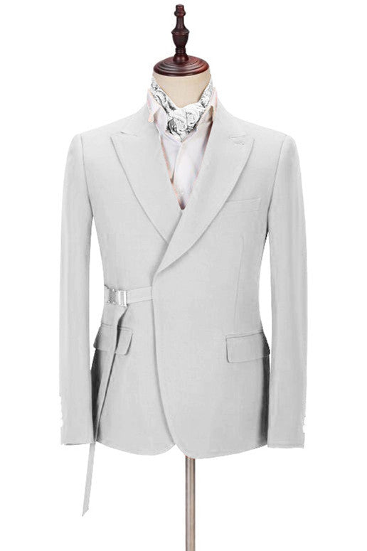 Fashion Peaked Lapel Grey White Men Suits with Adjustable Buckle