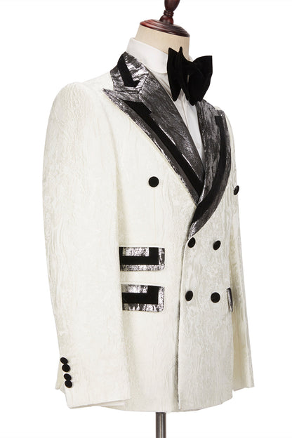 Fashion White Jacquard Sparkle Silver Gray Lapel Flaps Double Breasted Outfits