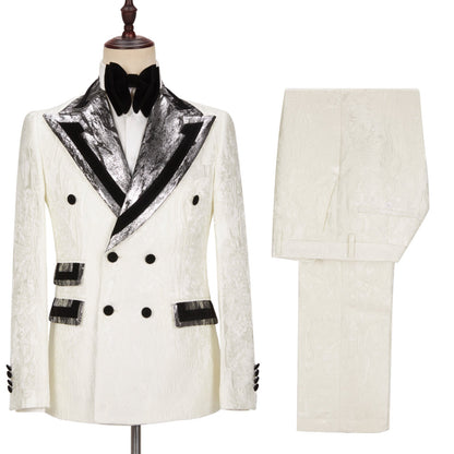 Fashion White Jacquard Sparkle Silver Gray Lapel Flaps Double Breasted Outfits