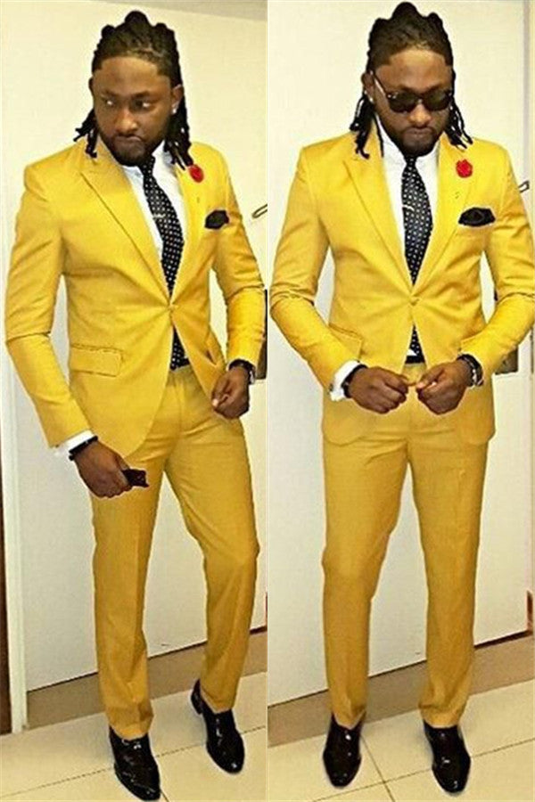 Fashion Yellow Peaked Lapel One Button Suits for Men 2-piece Outfits