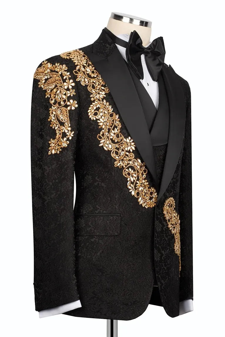 Jacquard Black 3-piece Suit with Gold Appliques