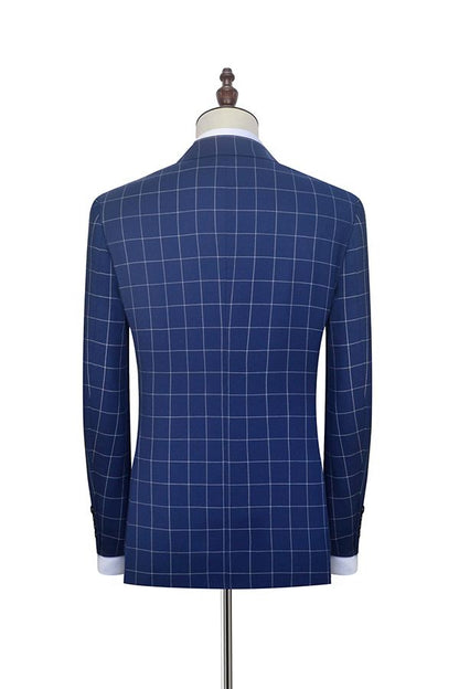 Flap Pocket Peak Lapel Navy Blue Check Mens Suits