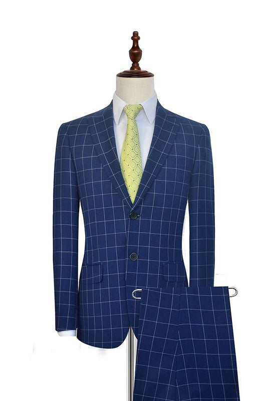 Flap Pocket Peak Lapel Navy Blue Check Mens Suits