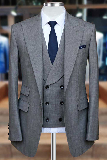 Luxury Grey Peaked Lapel Single Breasted 3-piece Suits