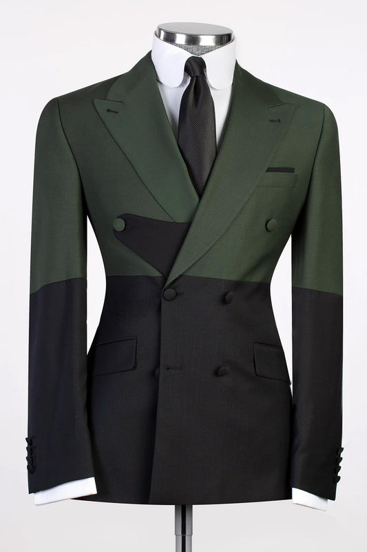 Green Black Split Two-tone Double-breasted 2-piece Peaked Lapel  Suits