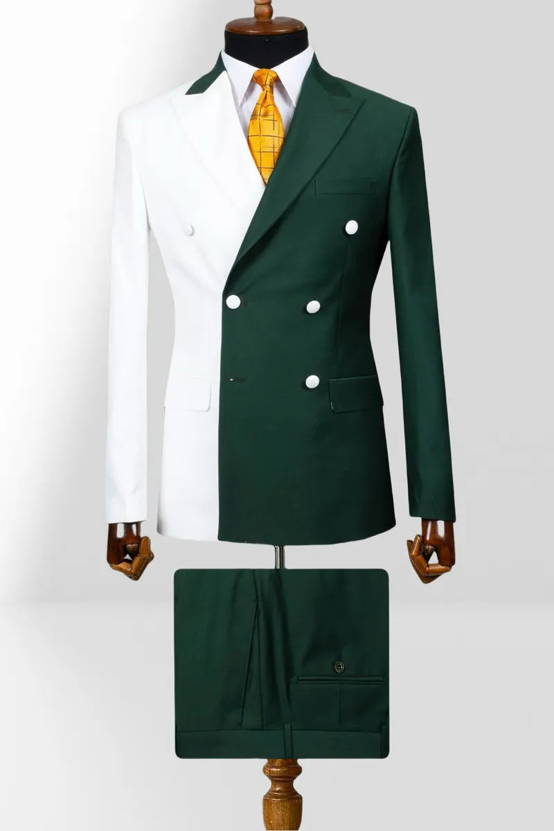 2 Piece Double Breasted Peak Lapel Men Suits White/Green