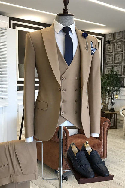 Formal 3-pieces Solid Khaki Peaked Lapel Men Business Suits