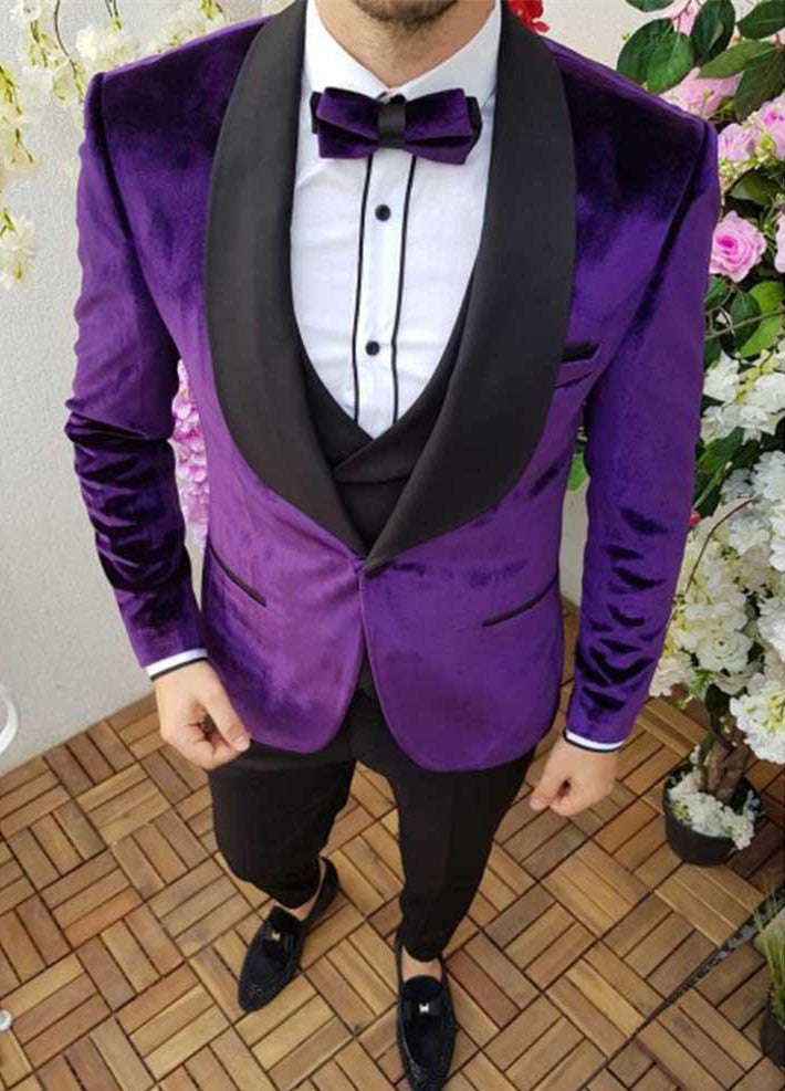 Formal Party Outfit Purple Black Shawl Lapel Velvet