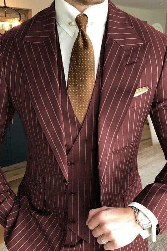 Burgundy Stripe Peak Lapel 3-piece Men's Suit