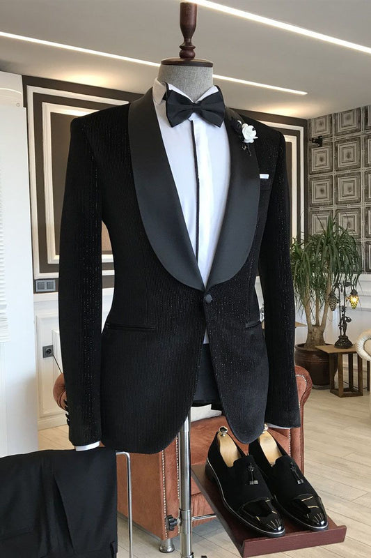 Gentle Black Shawl Lapel Single Breasted With One Button Slim Fit Wedding Suits