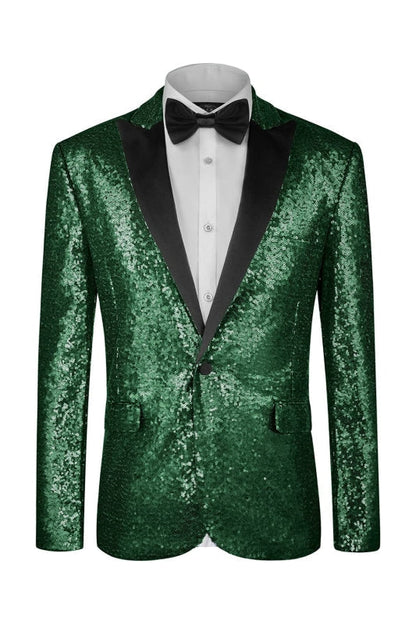 Glitter Dark Green Peaked Lapel Sequins Prom Suits for Men