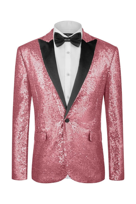 Glitter Pink Sequins Black Peaked Lapel Prom Suits Tuxedo