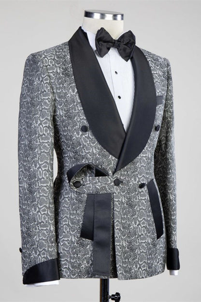 Gray Double Breasted Jacquard Wedding Suits with Black Lapel for Groom