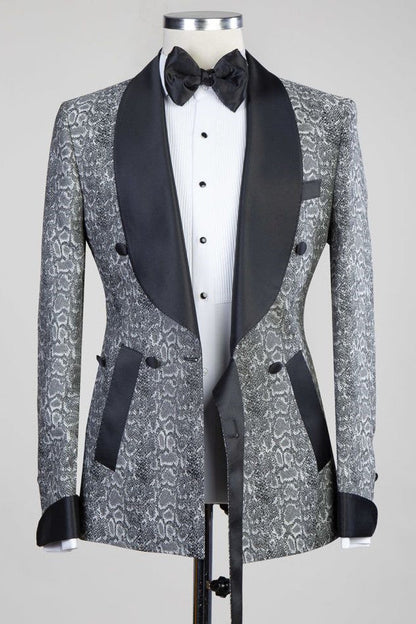 Gray Double Breasted Jacquard Wedding Suits with Black Lapel for Groom