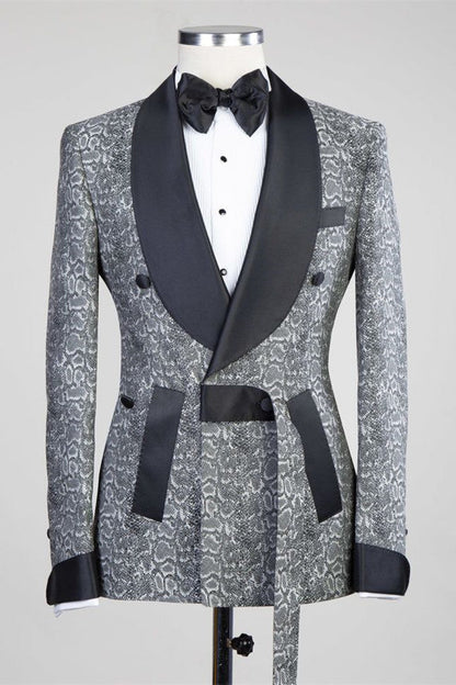 Gray Double Breasted Jacquard Wedding Suits with Black Lapel for Groom