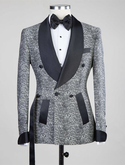 Gray Double Breasted Jacquard Wedding Suits with Black Lapel for Groom