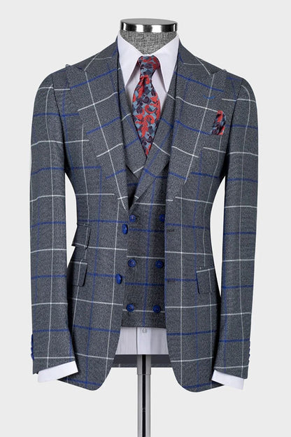 Men's Gray Plaid Peak Lapel 3-piece Suit