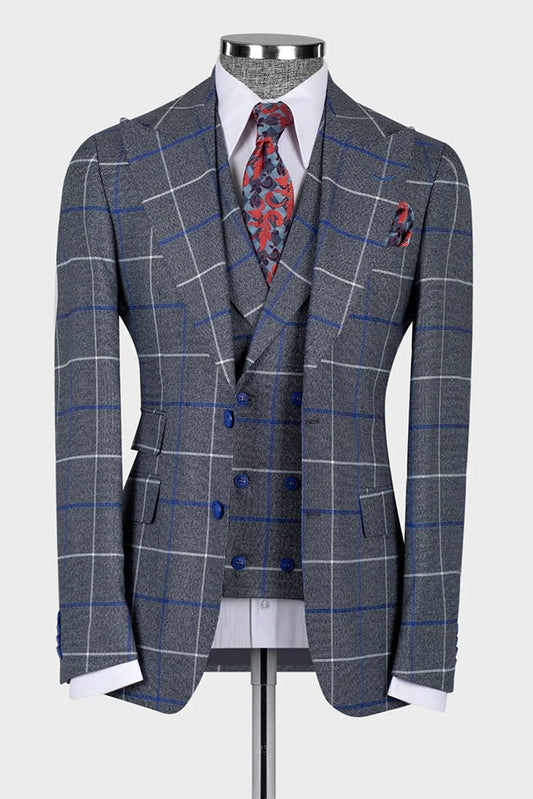 Men's Gray Plaid Peak Lapel 3-piece Suit