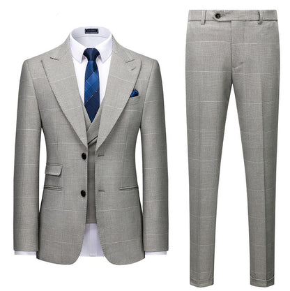 Gray Plaid Designer Peaked Lapel Slim Fit Men Suit for Prom