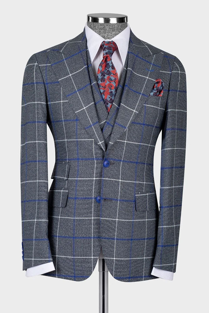 Men's Gray Plaid Peak Lapel 3-piece Suit