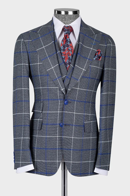 Men's Gray Plaid Peak Lapel 3-piece Suit