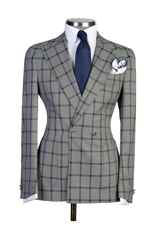 Gray 2 Piece Chic Windowpane Peak Lapel Suit
