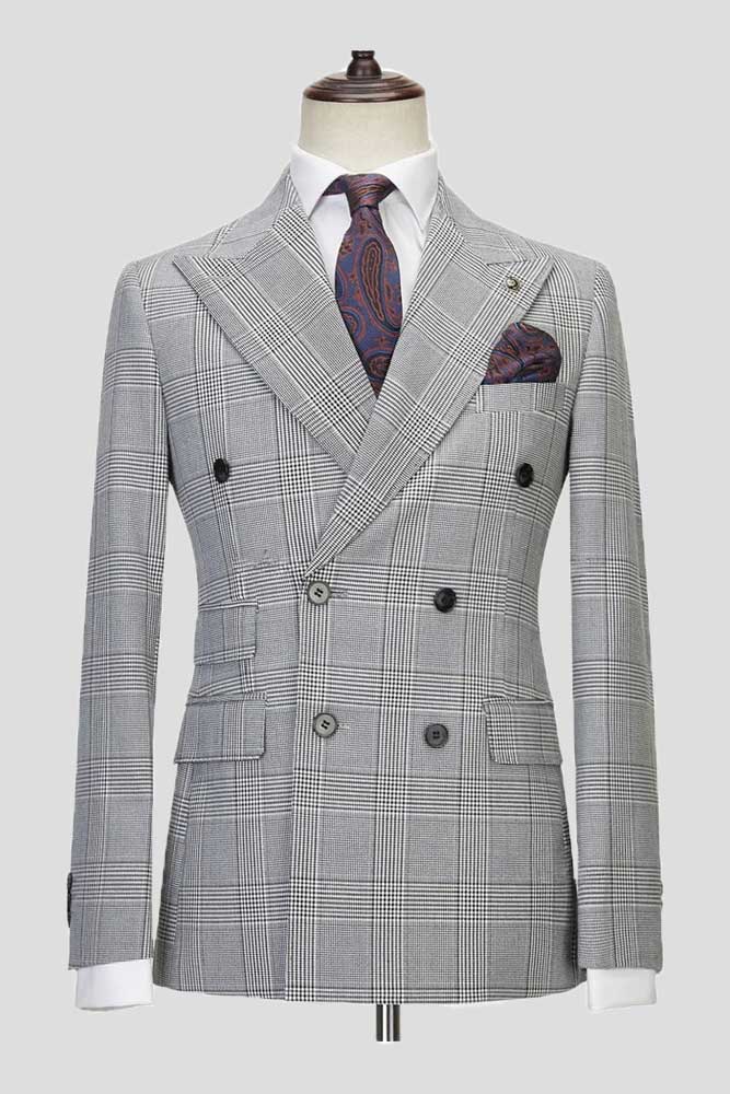New Arrival Gray Double Breasted Peak Lapel Plaid Suit