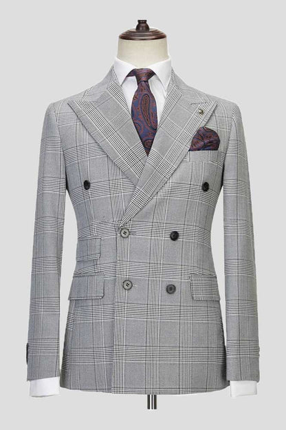 New Arrival Gray Double Breasted Peak Lapel Plaid Suit