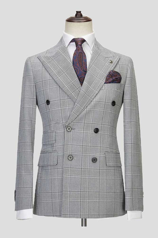 New Arrival Gray Double Breasted Peak Lapel Plaid Suit