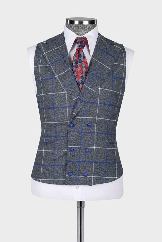 Men's Gray Plaid Peak Lapel 3-piece Suit