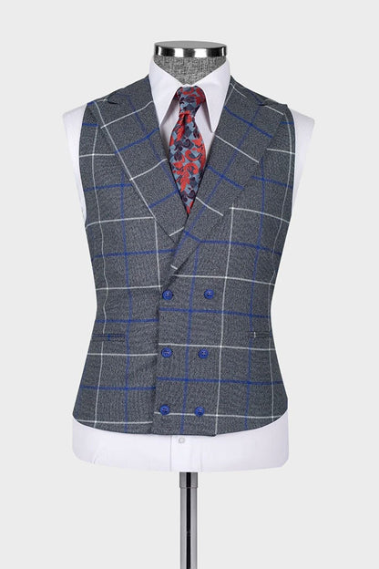 Men's Gray Plaid Peak Lapel 3-piece Suit