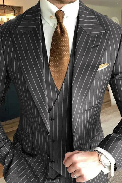 Gray Pinstripe Peak Lapel 3-piece Suit