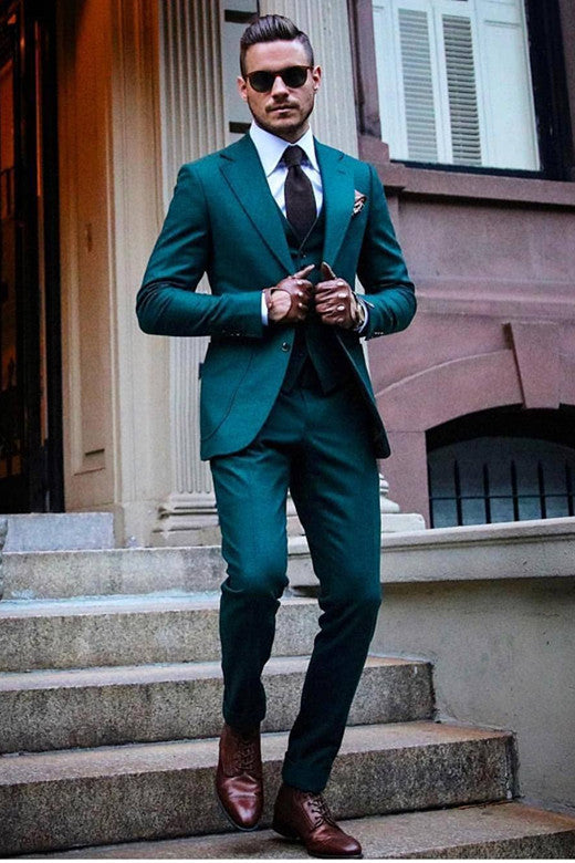 Green Notched Lapel Three Pieces Slim Fit Men Suits